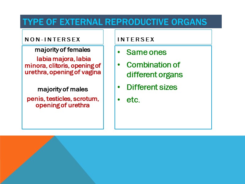 Type of EXternal reproductive organs Non-intersex majority of females  labia majora, labia minora,